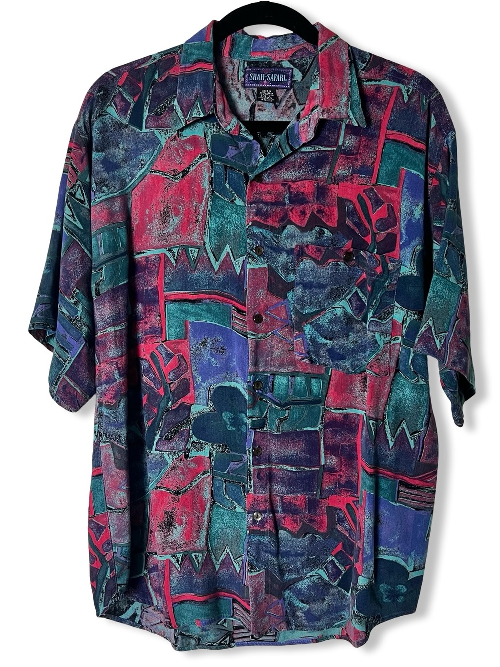 Shah Safari VTG Abstract Cubist Print Rayon Button Up Shirt 90s Sz L